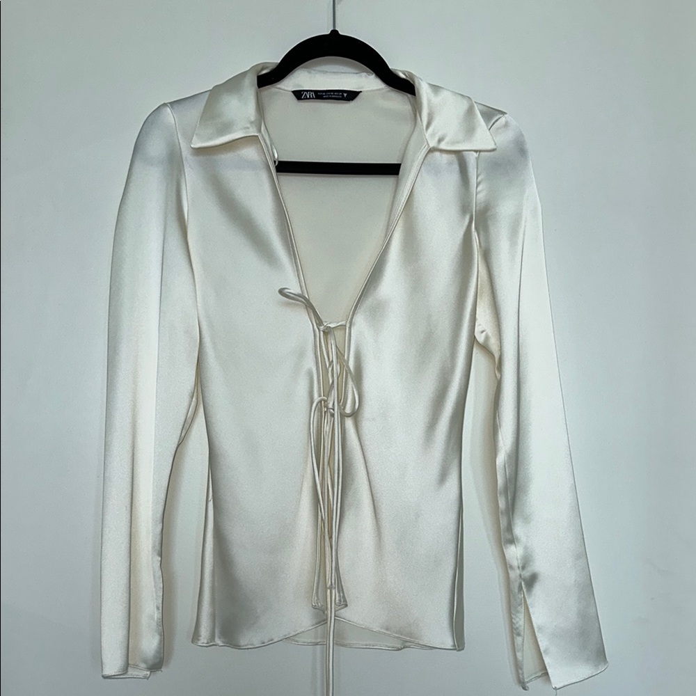 Zara Cream Satin Tie-Front Blouse